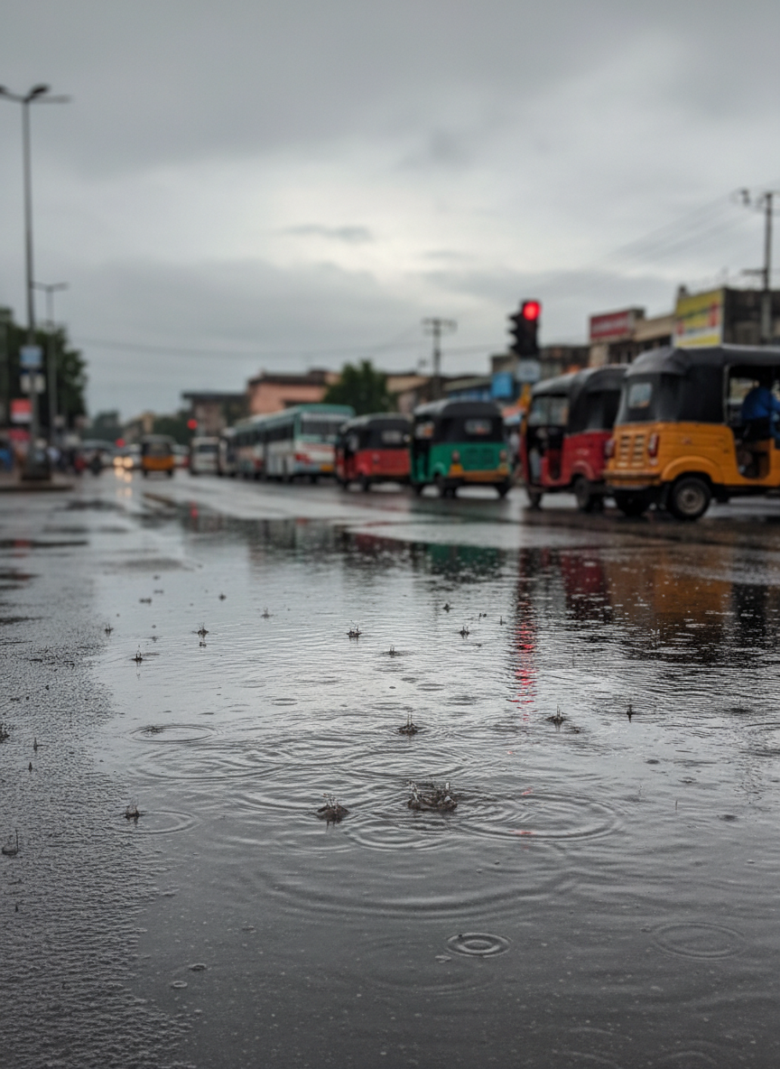 A dynamic, photographic street scene from Cuttack during monsoon season, showing rain-soaked asphalt roads, reflective puddles, and a line of auto-rickshaws and buses waiting at a traffic signal, all without visible drivers or passengers. Colorful but slightly muted vehicle paintwork contrasts with the overcast sky. Soft, diffused daylight from heavy clouds creates minimal shadows and strong reflections on wet surfaces. Shot from a slightly low, side angle to emphasize depth and perspective, with the nearest puddle in sharp focus and the background gradually softening. The atmosphere is active yet orderly, capturing real Odishan urban life for transport or weather-related news stories.