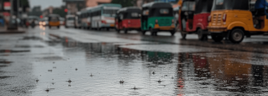 A dynamic, photographic street scene from Cuttack during monsoon season, showing rain-soaked asphalt roads, reflective puddles, and a line of auto-rickshaws and buses waiting at a traffic signal, all without visible drivers or passengers. Colorful but slightly muted vehicle paintwork contrasts with the overcast sky. Soft, diffused daylight from heavy clouds creates minimal shadows and strong reflections on wet surfaces. Shot from a slightly low, side angle to emphasize depth and perspective, with the nearest puddle in sharp focus and the background gradually softening. The atmosphere is active yet orderly, capturing real Odishan urban life for transport or weather-related news stories.