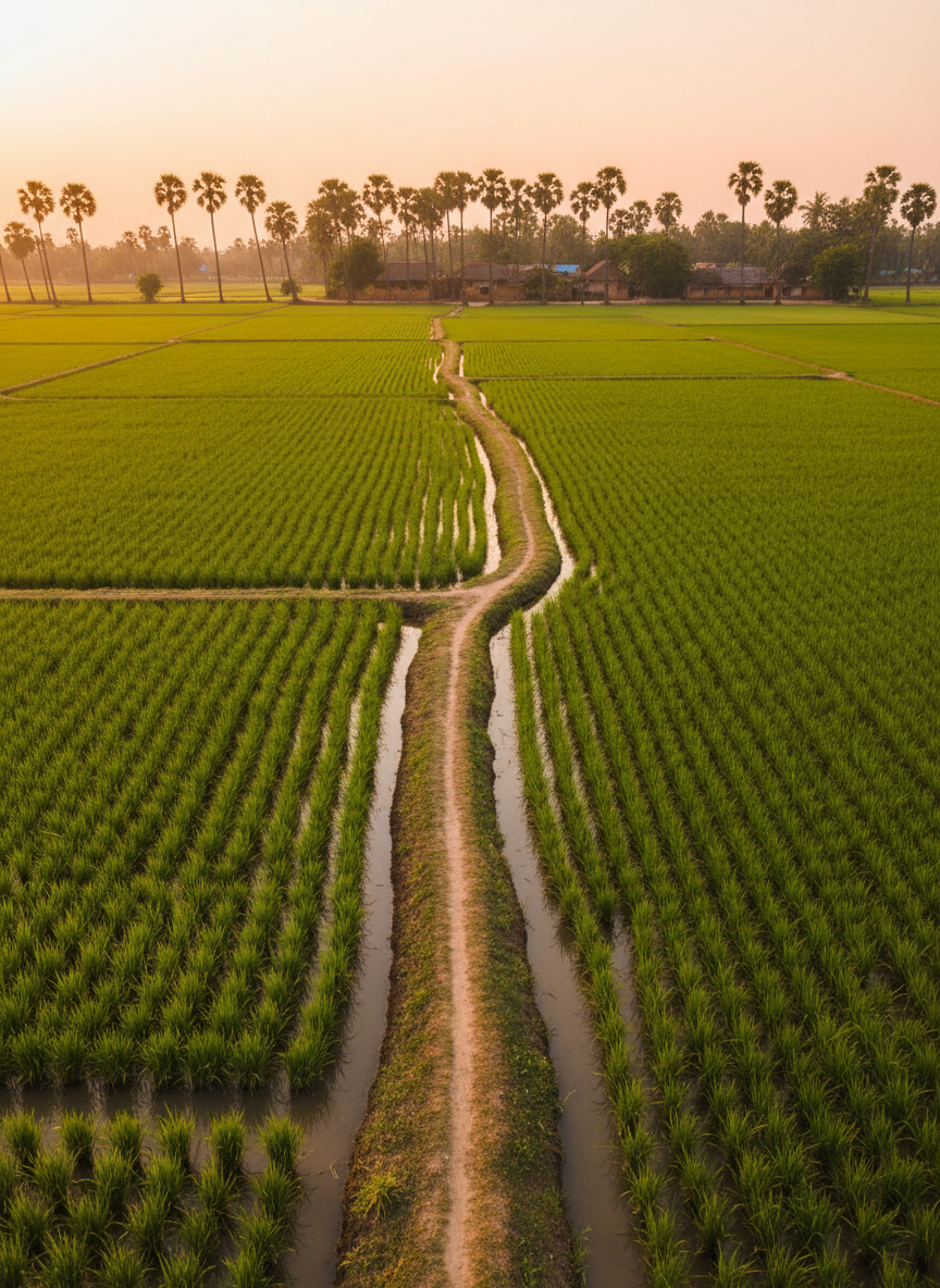 A high-resolution, photographic view of a traditional paddy field in rural Odisha at golden hour, with neat rows of vibrant green rice plants stretching toward a distant line of palm trees and small village houses. Narrow irrigation channels glisten with reflected sunlight, and a simple earthen path divides the field. Warm, low-angle sunlight bathes the landscape, casting long, soft shadows and highlighting the texture of the soil and plants. Captured from a slightly elevated angle with balanced composition, the mood is calm and grounded, ideal for agricultural, economy, or rural development news, with no farmers or people visible anywhere in the frame.