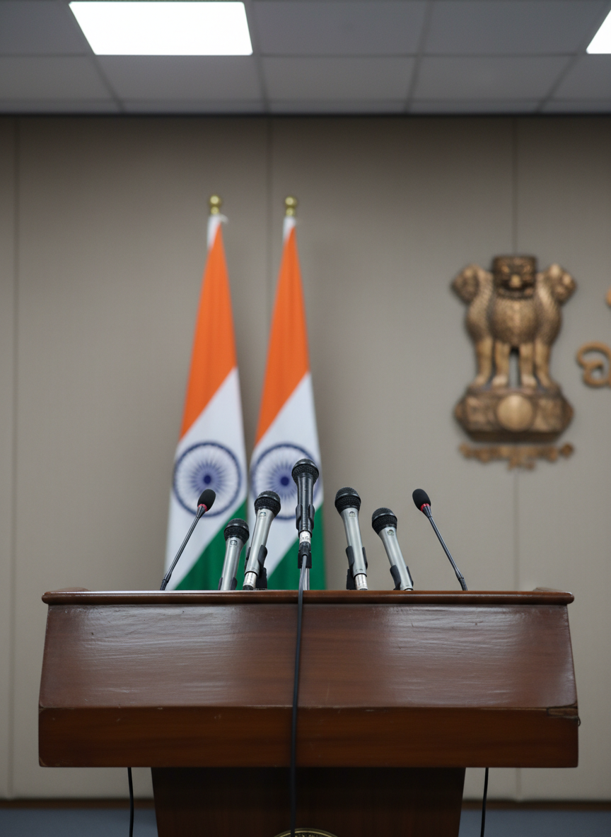 A close, photographic view of an official government press conference room in Odisha, focusing on a polished wooden podium with multiple unbranded microphones neatly arranged on top. Behind the podium, blurred state flags, a plain backdrop in muted tones, and the edge of a large emblematic wall sculpture hint at authority without readable text. Diffused indoor lighting from overhead panels creates even illumination, with subtle reflections on the microphone grilles and podium varnish. Captured at eye level with a shallow depth of field, the mood is serious, impartial, and professional, ideal for political or governance news coverage, with no people present in the frame.